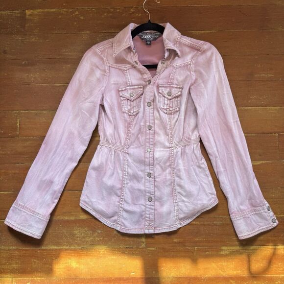 GUESS Pink Distressed Jacket Snap Front Shirt Jacket Cinched Grunge Fairy Y2K s - Picture 4 of 9